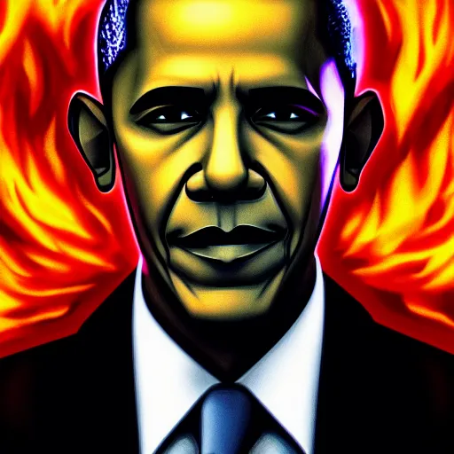 Image similar to portrait of obama the president king of flames aura mode, anime fantasy illustration by tomoyuki yamasaki, kyoto studio, madhouse, ufotable, square enix, cinematic lighting, trending on artstation