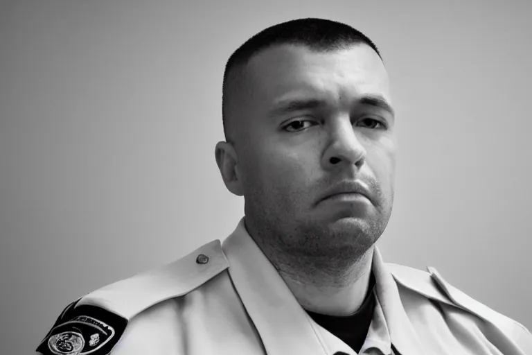 Prompt: an ultra realistic, cinematic headshot portrait of a prison guard, sat in an office, deep focus, dreamy, dramatic lighting