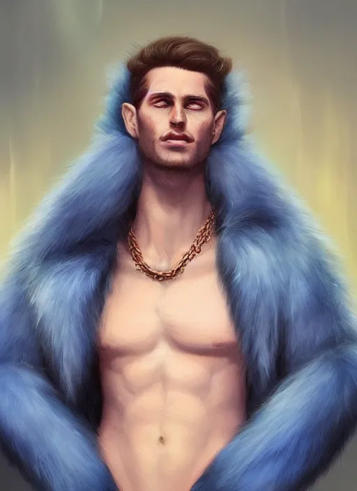 Prompt: portrait of a blue-skinned!! man wearing a fur coat, illustration, fantasy, by artgerm and Charlie Bowater, trending on ArtStation, masterpiece