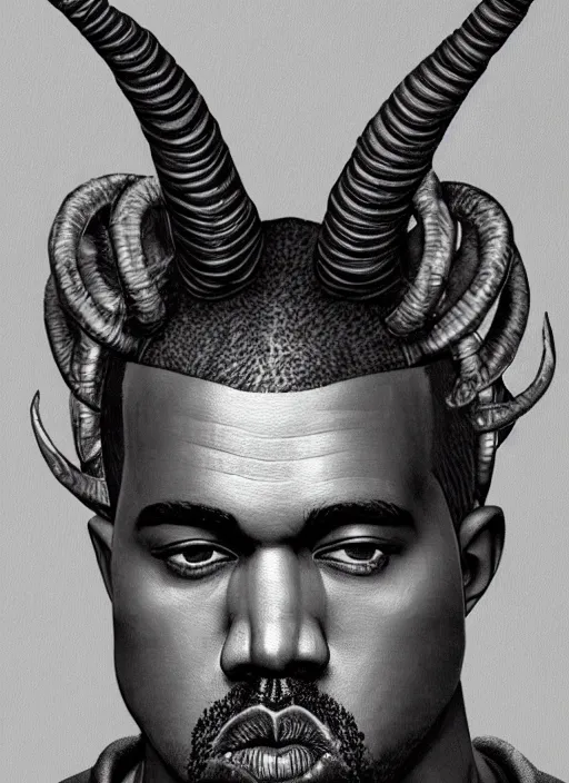 Image similar to a portrait of kanye west as a male tiefling warrior with!!! only two!!! large curved horns, intricate, tone mapped, ambient lighting, highly detailed, digital painting, artstation, concept art, 4 k, god rays, stunning beautiful, glowing eyes, sharp focus, by makoto shinkai and akihiko yoshida and hidari and wlop