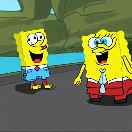 Prompt: spongebob and patrick driving a car on a road