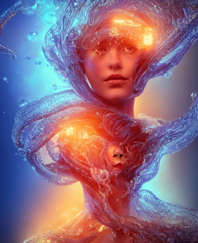 Image similar to close-up macro portrait of the face of a beautiful princess, epic angle and pose, symmetrical artwork, 3d with depth of field, blurred background, cybernetic jellyfish female face skull phoenix bird, translucent, nautilus, energy flows of water and fire. a highly detailed epic cinematic concept art CG render. made in Maya, Blender and Photoshop, octane render, excellent composition, cinematic dystopian brutalist atmosphere, dynamic dramatic cinematic lighting, aesthetic, very inspirational, arthouse. y Greg Rutkowski, Ilya Kuvshinov, WLOP, Stanley Artgerm Lau, Ruan Jia and Fenghua Zhong