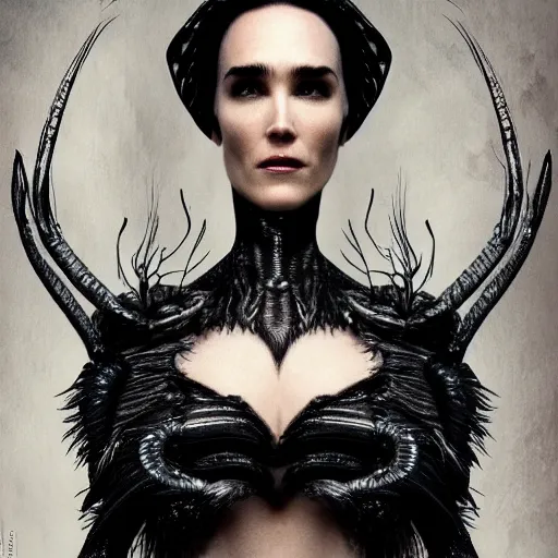 Prompt: jennifer connelly as alien odile the black swan, gray skin, wearing black hooded cloak, huge wings, black feathers instead of hair, black feathers growing out of skin, bumpy skin, screaming, losing control, black feathers growing out of face, black hands with black claws, comic book, giger, mike mignogna, david mack, trending on artstation