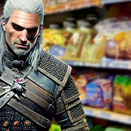 Prompt: geralt the witcher, in supermarket, hyper realistic