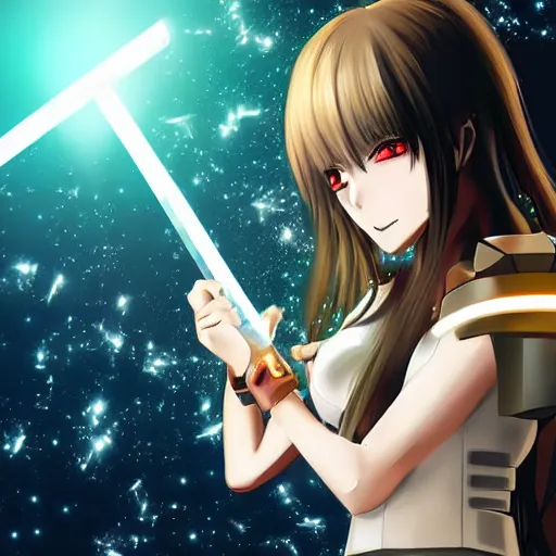 Image similar to anime girl with futuristic armor and glowing sword slicing in half a metal cube, futuristic background, sparks from the cube getting sliced, extremely detailed, intense, particles,