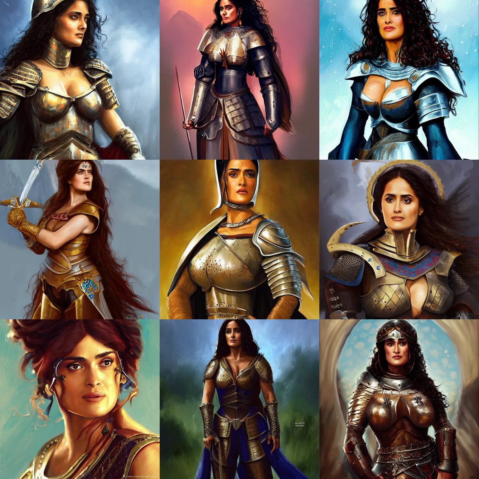 Prompt: salma hayek as a beautiful medieval knight, painting by artgem, beautiful, ultradetailed, trending on artstation