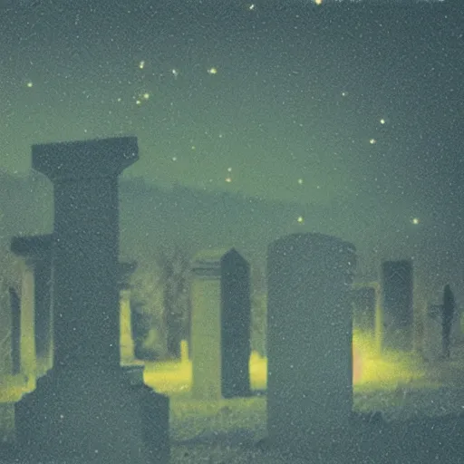 Image similar to low - quality vhs glitch art from 1 9 9 0 of a cg ghost wandering a moonlit cemetery