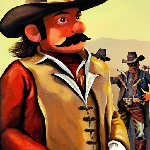 Image similar to mario dressed as a cowboy fighting outlaws in the wild west oil painted