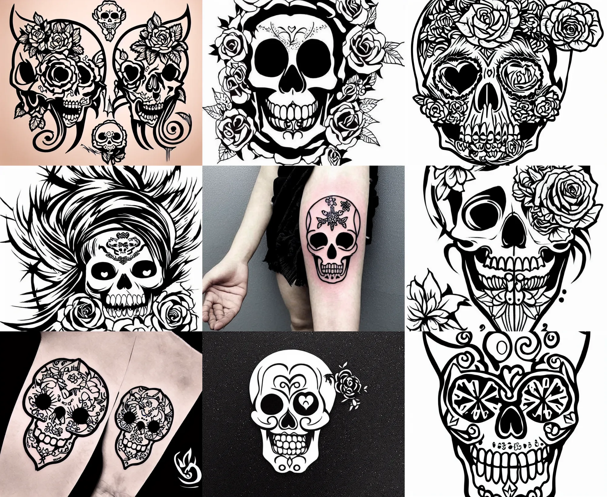 Image similar to detailed tattoo stencil bold lines, cute adorable lovely anime skull kawai