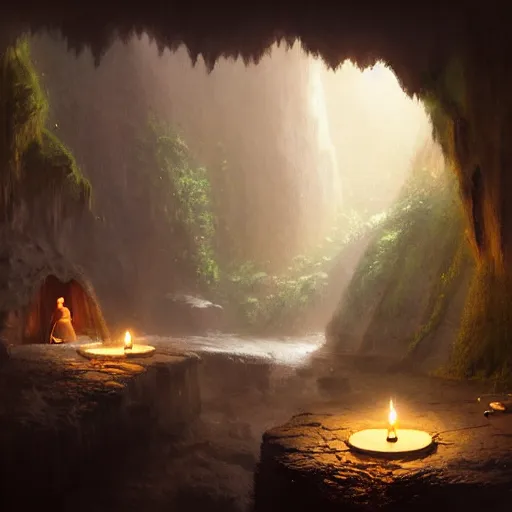 Prompt: cozy, hotspring hidden in a cave, candlelight, towels, cushions, plates of fruit, no people natural light, lush plants and flowers, elegant, smooth cave rock, fantasy, atmospheric lighting, digital painting, Greg Rutkowski concept art