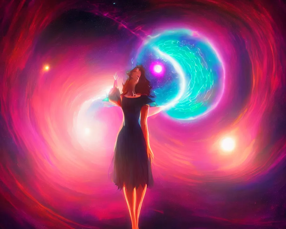 Image similar to a beautiful whimsical woman standing under a multi-colored binary blackhole with an accretion disc, casting magic, glowing trails following her arms, acidwave, hall of mirrors, interstellar galaxy, by Lois van Baarle, by Greg Rutkowski, by artgerm, by beeple, by studio ghibli, cinematic angle, volumetric lighting, 4k resolution, octane render, trending on artstation, masterpiece