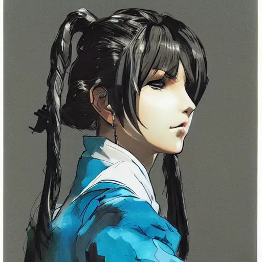 Prompt: regal - looking woman with pigtails, yoji shinkawa