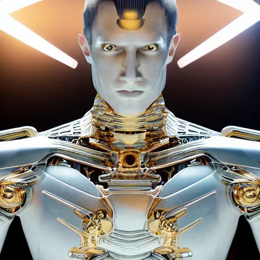 Image similar to statue of white marble with gold veins of strong attractive futuristic cybernetic man adonis posing, hyper realistic, transhumanism, full body shot, perfect symmetrical body, perfect symmetrical face, hyper detailed, by johannen voss, by peter kemp, by monia merlo, by michelangelo octane render blender, 8 k