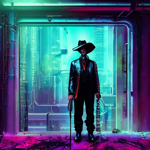 Image similar to photo, cyberpunk art album cover photo by filip hodas and ahmed karahisari and scarlett hooft graafland, a bankrobber wearing a black latex suit with a colorful tie-dye bandana over his face and a big white cowboy hat in a western landscape, shutterstock contest winner, trending on cgsociety, behance contest winner, afrofutirism, syntwave, vaporwave, dslr camera, retrowave, national geographic photo