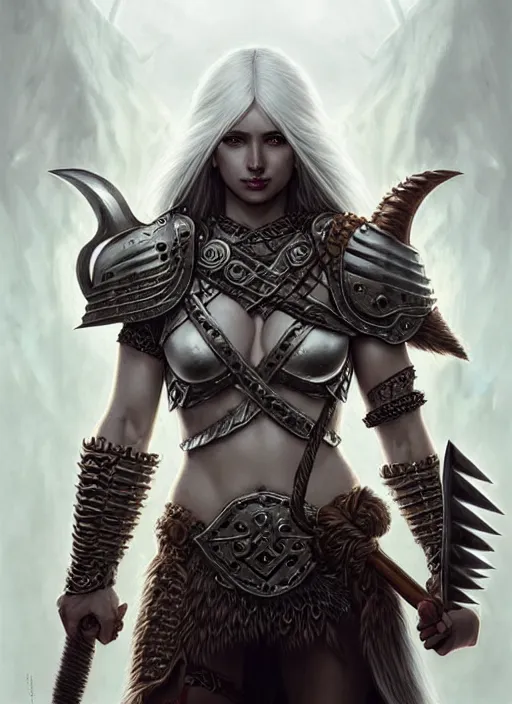 Image similar to barbarian, plated armor!!! long wild white hair!! chest plate!!! fantasy, d & d, intricate ornate details, digital painting, pretty face!!, symmetry, concept art, sharp focus, illustration, art by artgerm! greg rutkowski magali villeneuve wlop! ilya kuvshinov!!, octane render