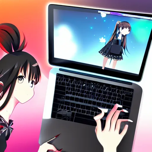 Image similar to anime girl with macbook pro, anime style, beautiful, sharp focus, extremely detailed