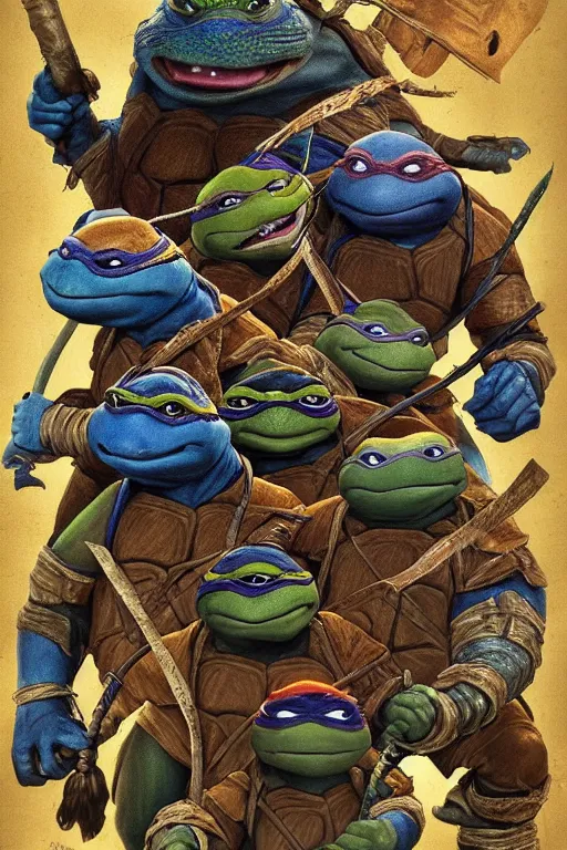 Image similar to portrait of jim henson ninja turtles movie across the ages , frazetta themed, insanely detailed and intricate, golden ratio, elegant,cinematic