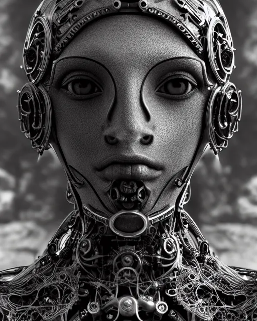 Image similar to mythical black and white organic bio-mechanical spinal ribbed profile face portrait detail of mechanical beautiful female angelic-vegetal-cyborg, highly detailed, intricate steampunk ornate, poetic, 3D render, digital art, octane render, 8K artistic photography, photo-realistic, by Dora Maar