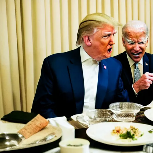 Prompt: Trump and Biden having dinner at a fancy Greek restaurant, award winning cinematic photography, 50 mm, blurred background, trending on Flickr