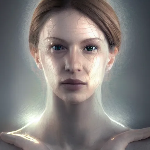 Prompt: a extremely realistic digital image of a stunning woman imprisoned in a four-dimensional glass box, with extremely realistic machines watching over her by Andrea Chiampo, artstation and Frederik Heyman, extremely detailed woman, stunning volumetric lighting, hyper realism, fantasy 4k