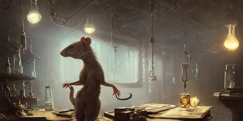 Image similar to highly realistic intricate rat standing on a desk in a laboratory with lots of flasks filled with magic liquids and poisonous fog, stephen bliss, unreal engine, fantasy art by greg rutkowski, loish, rhads, ferdinand knab, ilya kuvshinov, rossdraws, tom bagshaw, global illumination, radiant soft light, detailed and intricate environment