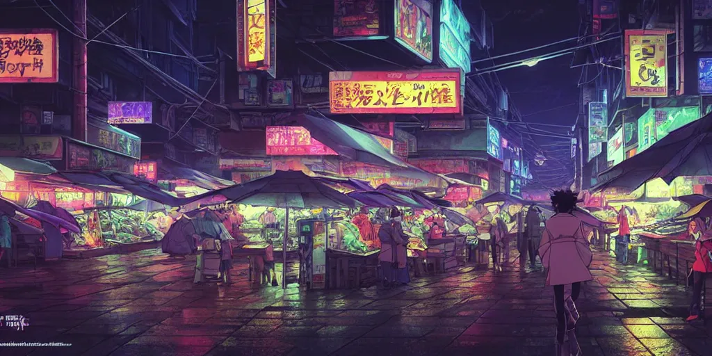 Prompt: twilight lighting, moody, atmospheric, solarpunk, cyberpunk, a render of davao city's roxas night market, rainy, in the art style of neon genesis : evangelion, 8 0 s anime style, by ghibli studio and victor ngai, ghost in the shell art style, akira artstyle, pixar highly detailed, 8 k h 5 7 6