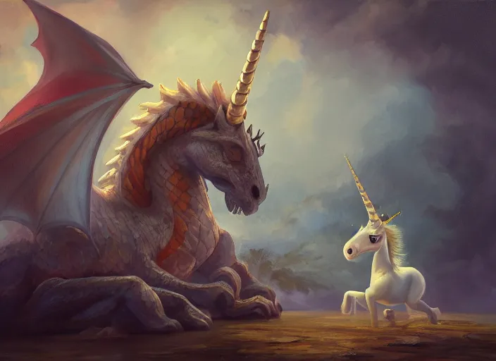 Image similar to A dragon and his pet unicorn, oil painting by Jama Jurabaev, extremely detailed, brush hard, artstation, 8K render, high quality