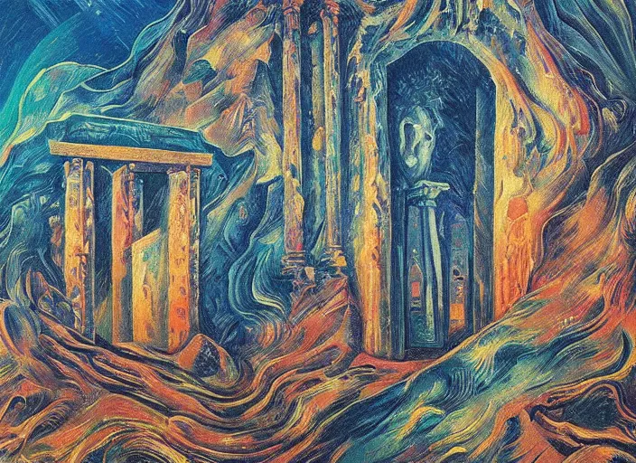 Image similar to “A surreal oil painting of an ancient temple guarded by Ra, by Dan Mumford and Umberto Boccioni, open portals, realistic shading, complimentary colors, vivid colors, aesthetically pleasing composition, masterpiece, 4k, 8k, ultra realistic, super realistic”