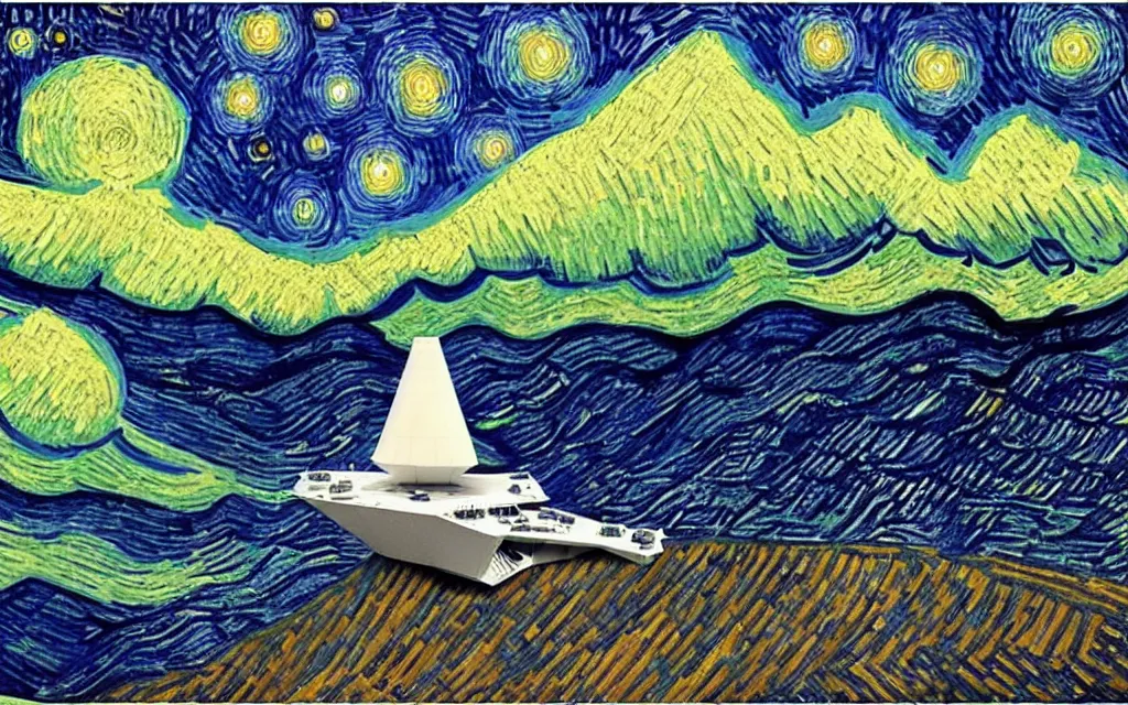 Prompt: star wars star destroyer from star wars flying between the stars inpainting in the starry night by van gogh