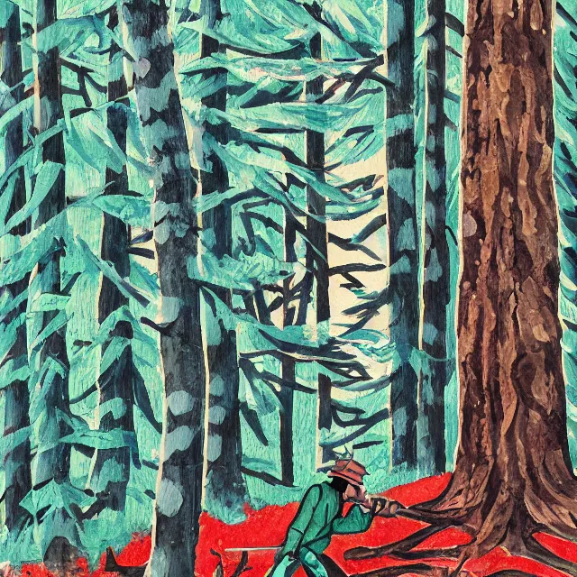 Prompt: the lumberjack of lumberville, tree woods. this gouache painting by the award - winning mangaka has beautiful color contrasts.