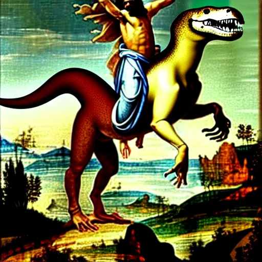 Image similar to Jesus riding a t-rex, renaissance painting, in the style of rococo, extremely detailed