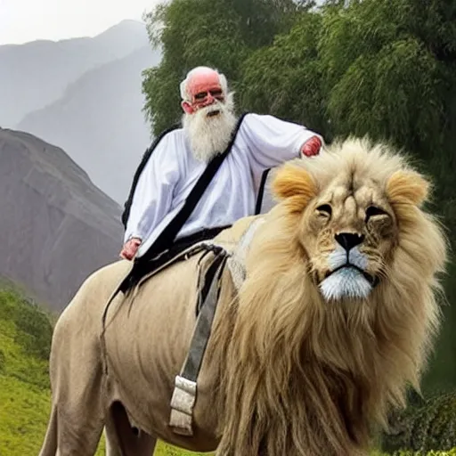 Image similar to old man ( wise long white beard wearing a hooded tunic ) riding on lions back