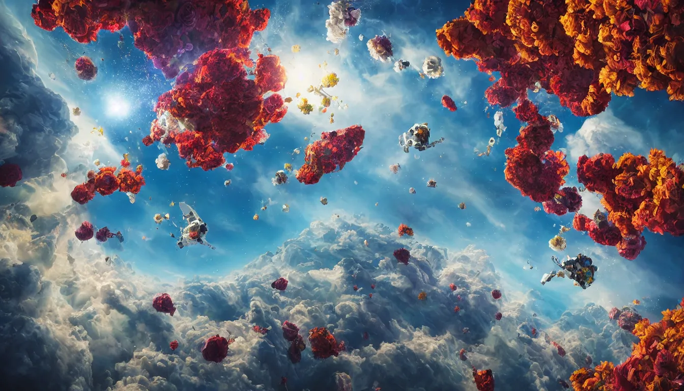 Image similar to An epic fantastic realism comic book style painting of the most beautiful flowers launched into space, bouquets, fisheye lens, the Earth is forming, unreal 5, DAZ, hyperrealistic, octane render, dynamic lighting