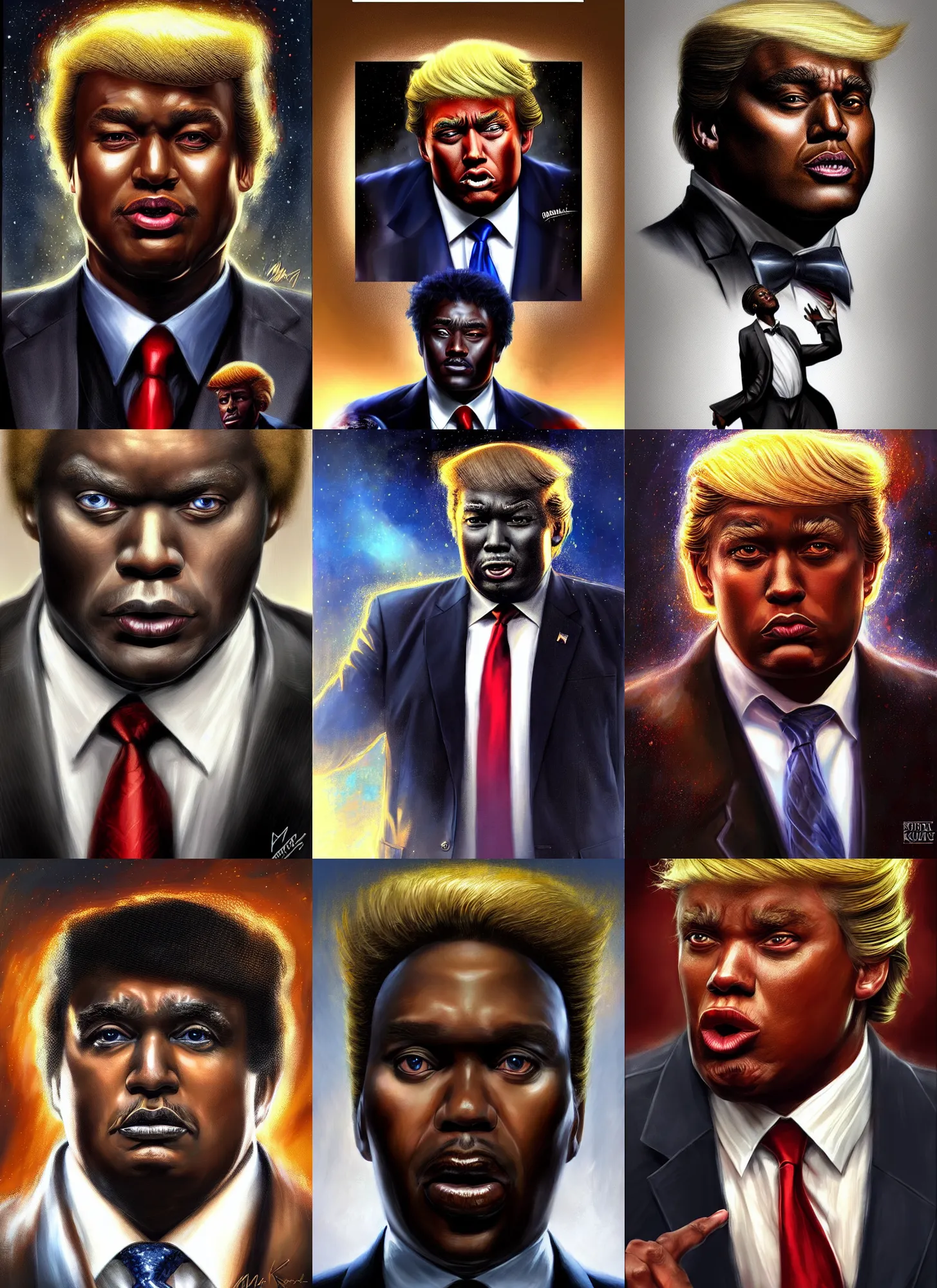 Prompt: black man that looks like donald trump, cosmic horror painting, elegant intricate digital painting artstation concept art by mark brooks and brad kunkle detailed