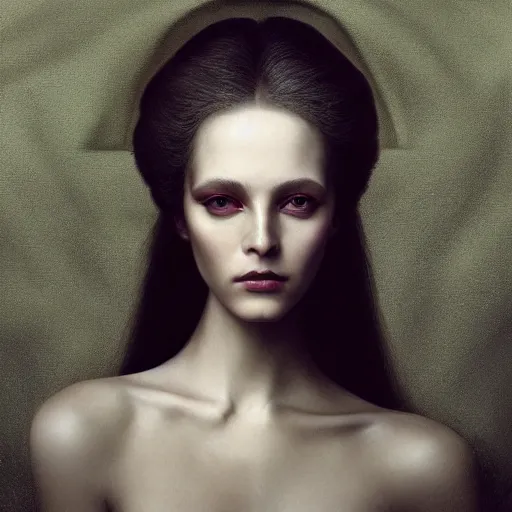 Image similar to stunning close up editorial portrait of a woman, symmetrical face, sci-fi skin, official prada editorial, beautiful pre-raphaelite portrait by charlie bowater, by Hendrik Kerstens, by Zhang Jingna, by norman rockwell, highly detailed