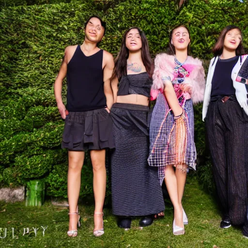 Prompt: a group of people are dressed in similiar fashion in an outdoor party in italy, wide lens shot, 3 0 mm, f 2. 8, concept party, themed object, high quality hd 8 k flash photography