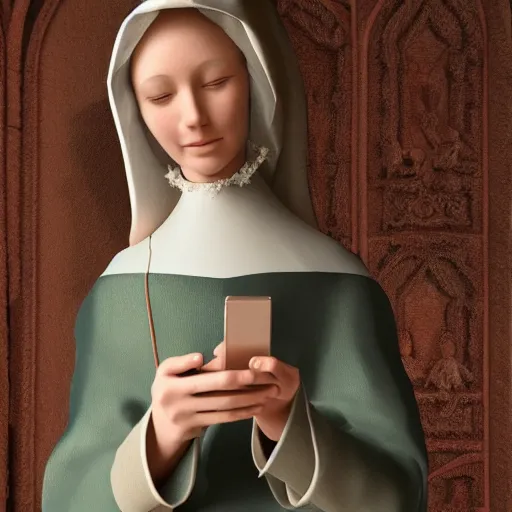 Image similar to 1 4 th century woman!!!! with an iphone in her hand, 4 k, 8 k, photorealistic imagery