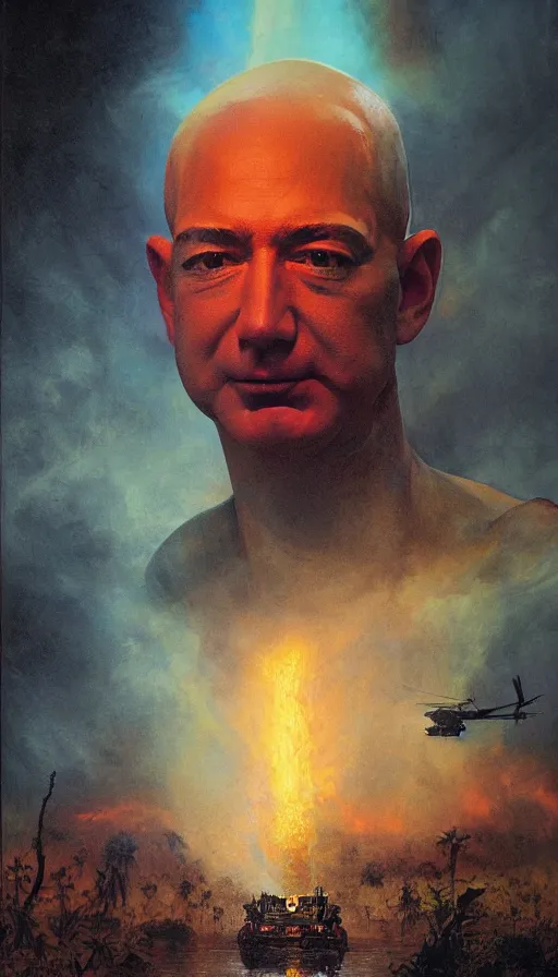 Prompt: jeff bezos'face close up on the apocalypse now poster, red sunset, snake river in the jungle, black helicopters, air brush, oil paint, radiant light, caustics, heroic, bright iridescent light, by gaston bussiere, by bayard wu, by greg rutkowski, by maxim verehin