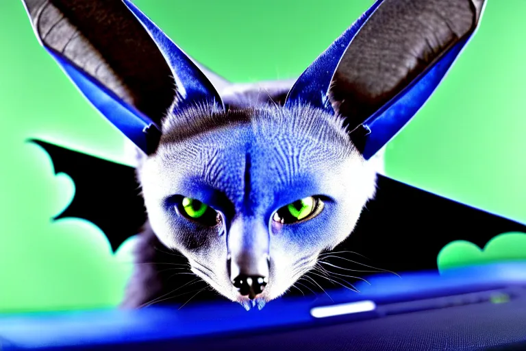 Image similar to a blue - and - black male catbat fursona with blue / green heterochromatic eyes ( differently - colored eyes, one green, one blue ) and huge bat ears, photo of the catbat streaming on his computer