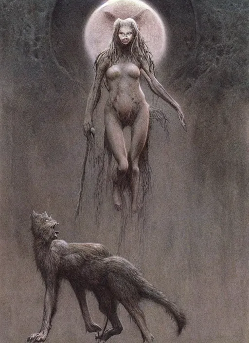 Prompt: werewolf teen girl by Beksinski and Luis Royo