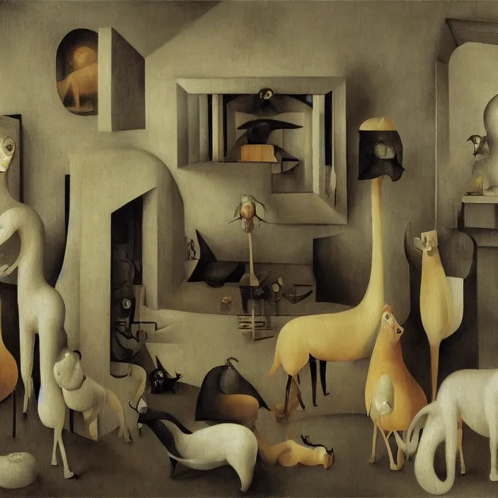 Prompt: group of creatures with distinct personalities, in an urban hotel room, close - up of the faces : : surreal architecture, chiaroscuro lighting, mysterious atmosphere : : oil painting by leonora carrington, hieronymus bosch and edward hopper, ultra - detailed technical precision : : matte painting, high definition, octane render, unreal engine, 8 k