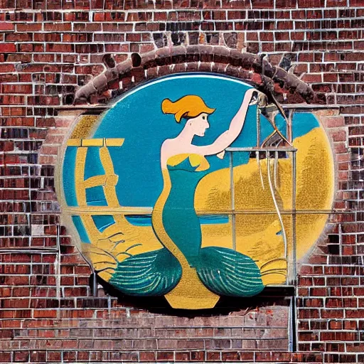 Image similar to company logo on a building showing a mermaid drilling a water well,