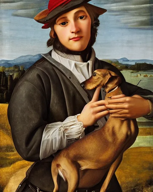 Prompt: beautiful close - up, oil on canvas, portrait of beautiful young man in hunting clothes of 1 7 th century with a greyhound!! dog, autumn field, cinematic lighting, highly detailed, digital art, renaissance painting, by botticelli, by rutkowsky