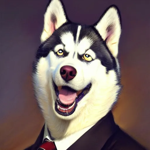 Image similar to a portrait of a husky dog wearing a suit and smiling at the viewer. highly detailed painting by gaston bussiere, craig mullins, j. c. leyendecker 8 k