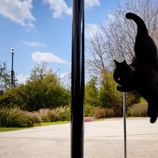 Image similar to black cat sliding down a metal pole dance