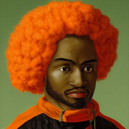 Prompt: photograph of a black man with afro hair wearing an army green adidas jacket and detailed face, riding an orange colored detailed anotamically correct bull!!, renaissance style painting