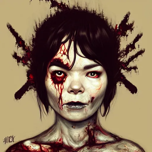 Image similar to head portrait of clothed young adult bjork as a zombie, 7 days to die zombie, gritty background, fine art, award winning, intricate, elegant, sharp focus, cinematic lighting, digital painting, 8 k concept art, art by michael hussar, art by brom, art by guweiz and z. w. gu, 8 k