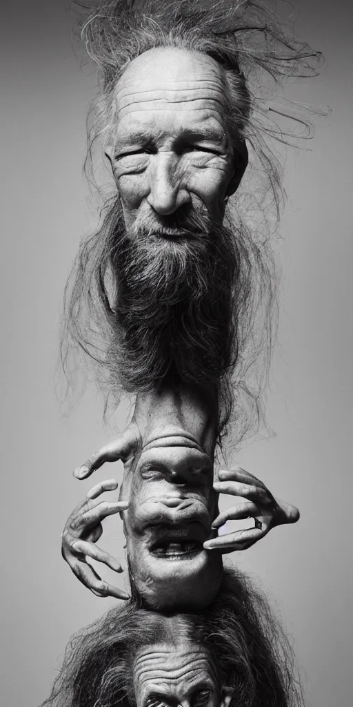 Image similar to a old man with 3 heads and 6 eyes, long hair, hanging upsidedown by annie leibovitz