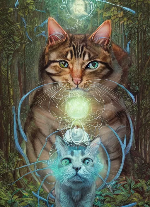 Image similar to a hyper realistic cat god with happy lighting and technology jewelry in the woods gorgeous lighting, sunbeams blue sky, lush forest foliage painting by chiara bautista and beksinski and norman rockwell and greg rutkowski weta studio, and lucasfilm