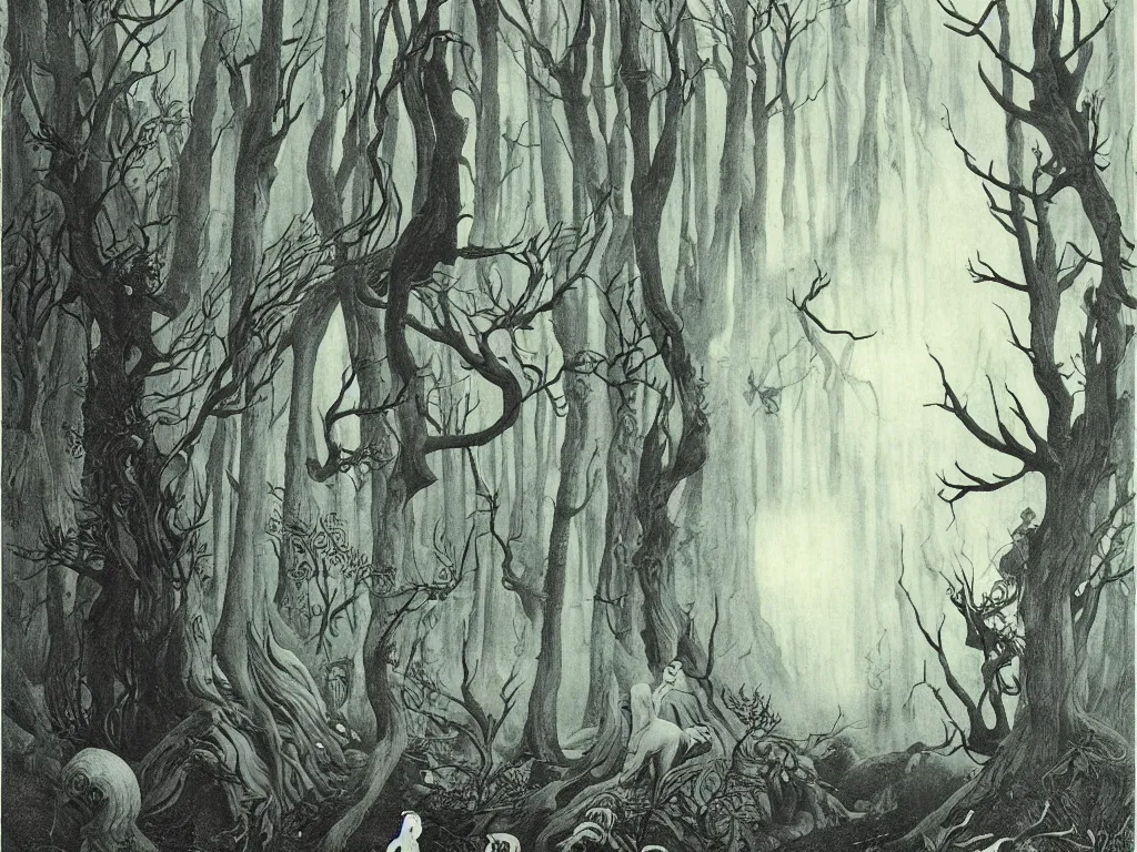 Prompt: ancient forest, artstation, by aubrey beardsley, by caspar david friedrich, by laurie lipton, by kay nielsen, by ivan shishkin, calligraphy, divine, spiritual, paradox, mysterious!, atmospheric, surreal, terrifying, witchcraft!, hope, mountains! background